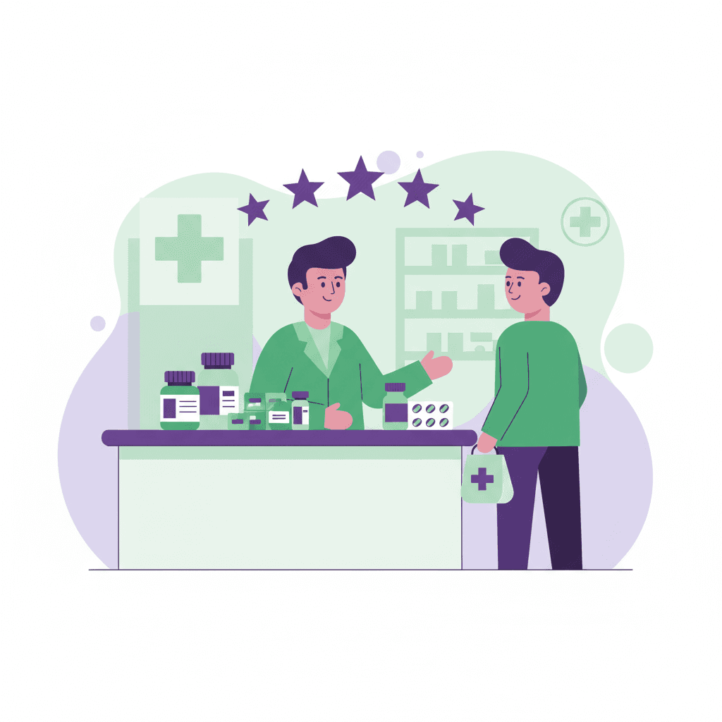 薬局カウンターで薬剤師が患者に丁寧に説明している様子